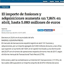 El importe de fusiones y adquisiciones aumenta un 7,86% en abril, hasta 5.080 millones de euros